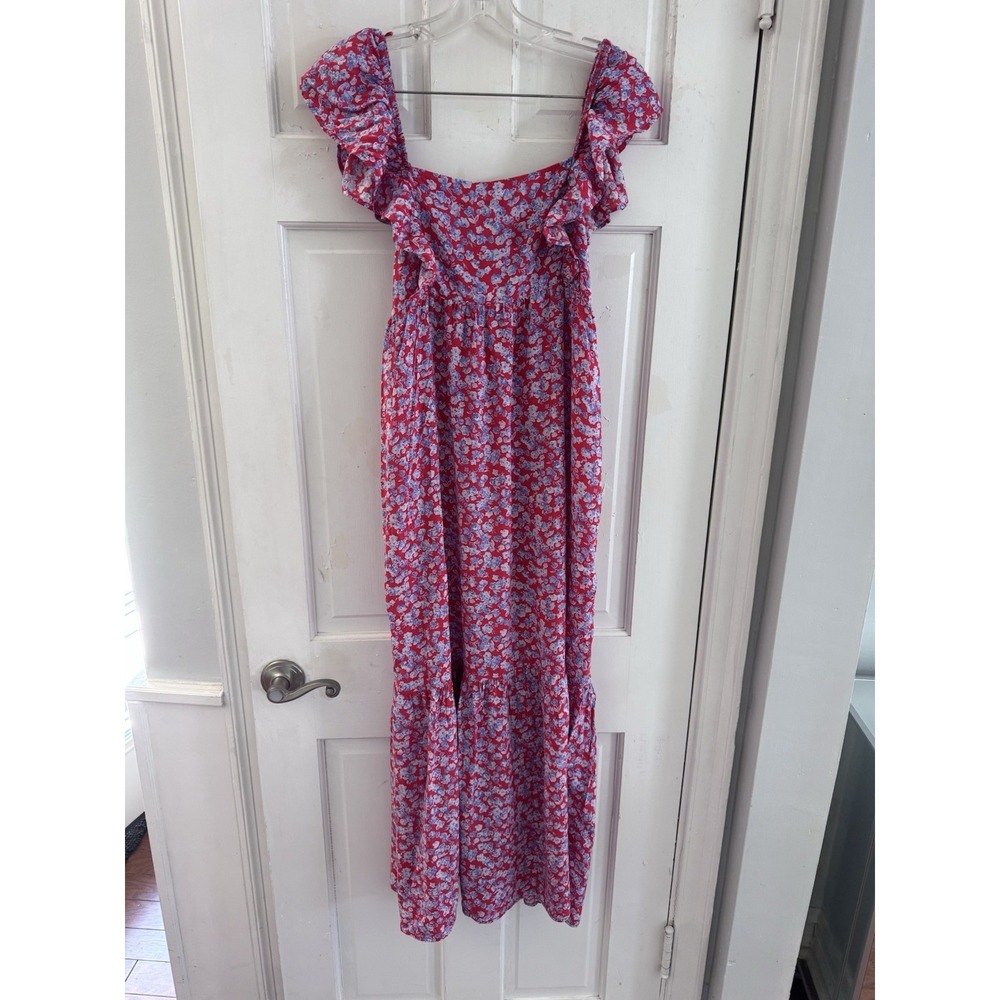 Zara Floral Ruffle Sleeve Maxi Dress Red Blue Smocked Back Size M - Picture 2 of 10